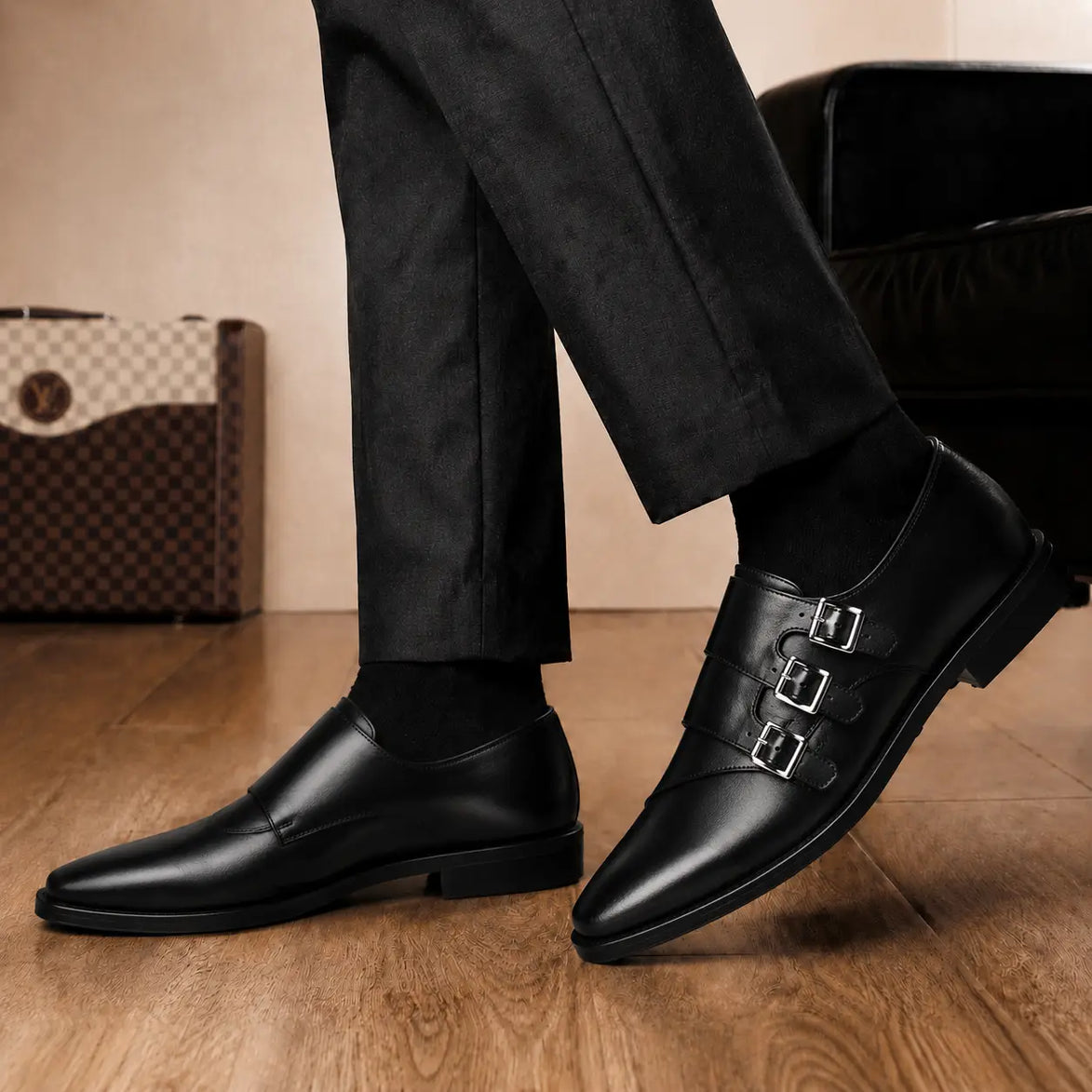 Melodiapelle Milan Triple Monk Strap Loafer in nero black leather worn with formal trousers, on-feet shot