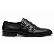 Side profile of the Milan Triple Monk Strap Loafer in nero black leather on white background