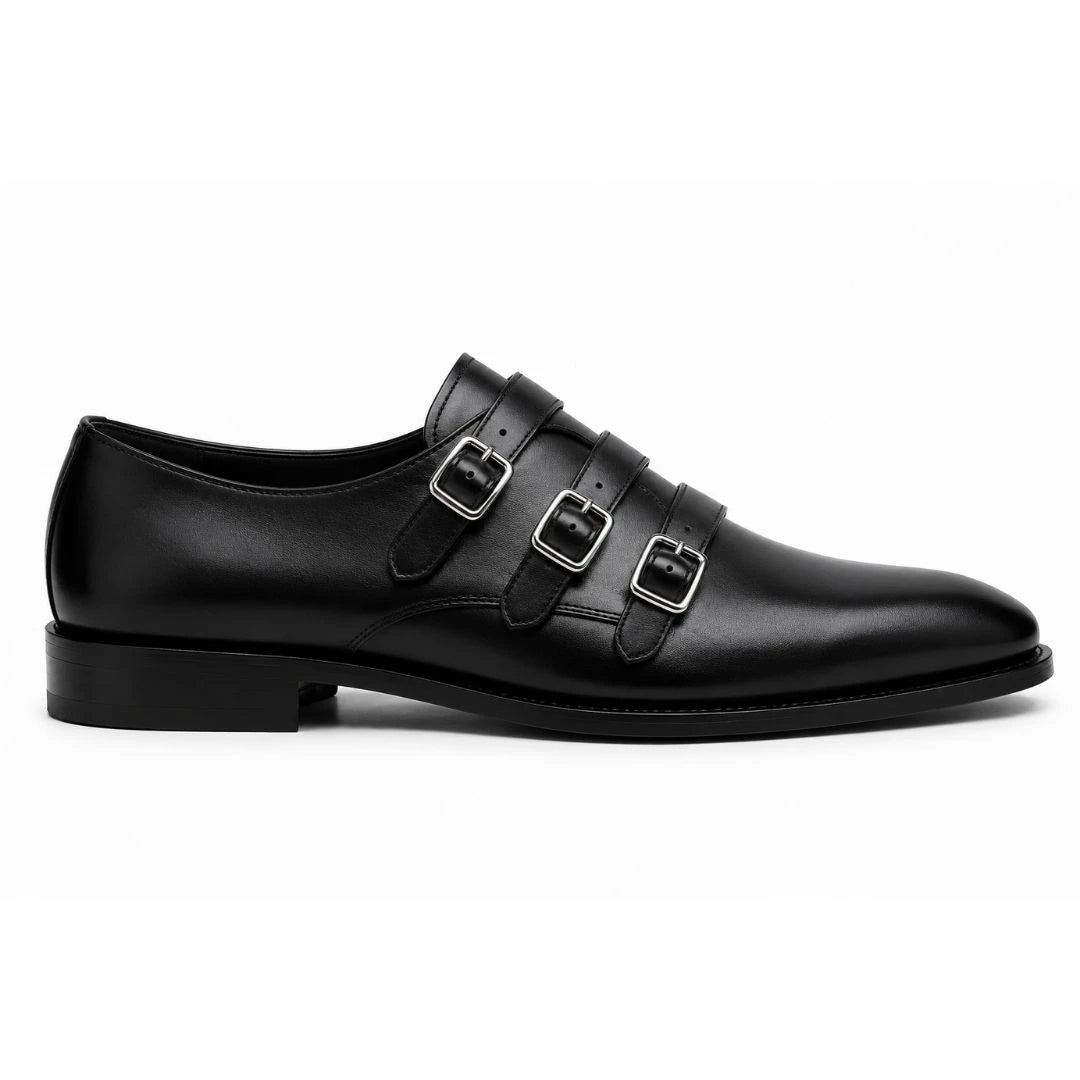 Side profile of the Milan Triple Monk Strap Loafer in nero black leather on white background