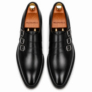 Melodiapelle Milan Triple Monk Strap Loafer in nero black leather, pair top-down view, handcrafted in Agra