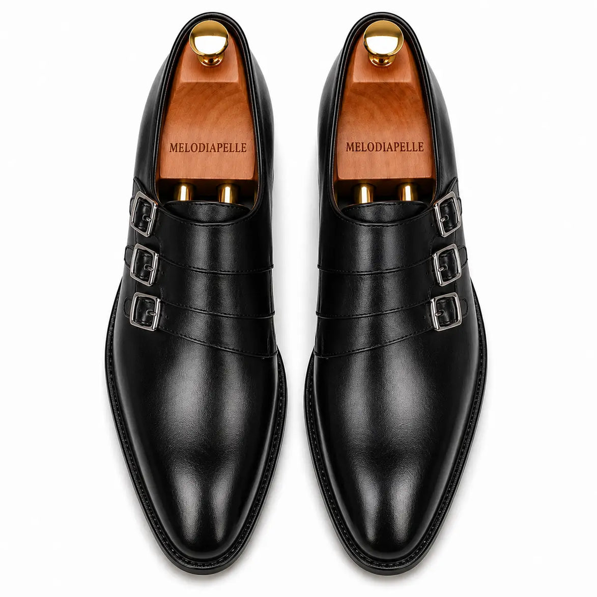 Melodiapelle Milan Triple Monk Strap Loafer in nero black leather, pair top-down view, handcrafted in Agra