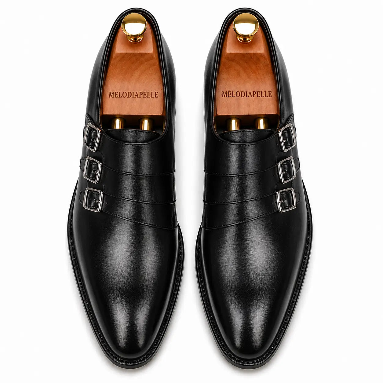 Melodiapelle Milan Triple Monk Strap Loafer in nero black leather, pair top-down view, handcrafted in Agra