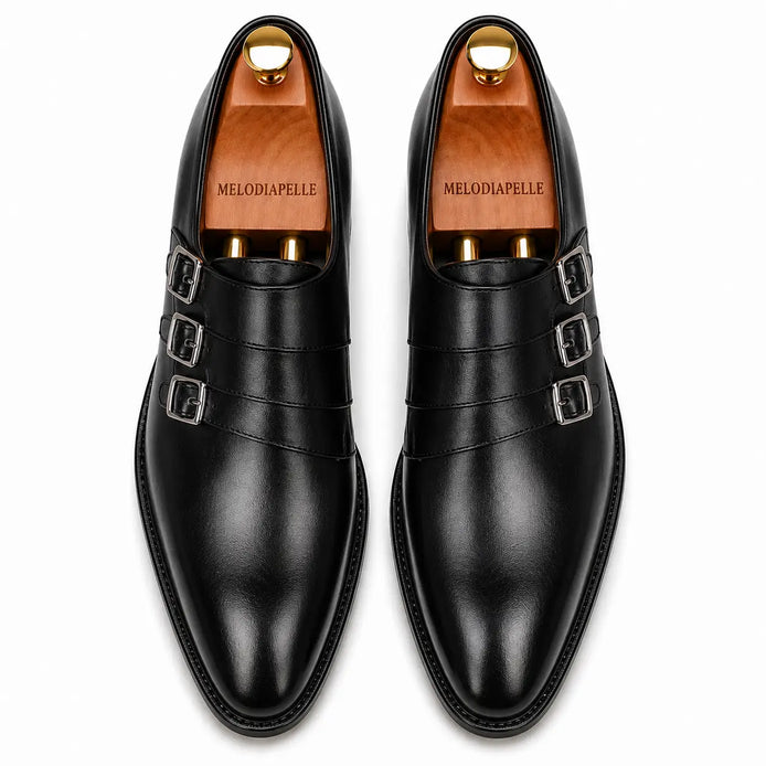 Melodiapelle Milan Triple Monk Strap Loafer in nero black leather, pair top-down view, handcrafted in Agra