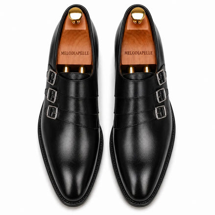 Melodiapelle Milan Triple Monk Strap Loafer in nero black leather, pair top-down view, handcrafted in Agra