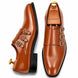 Tan leather triple monk strap loafer, three-quarter angle showing buckles and heel