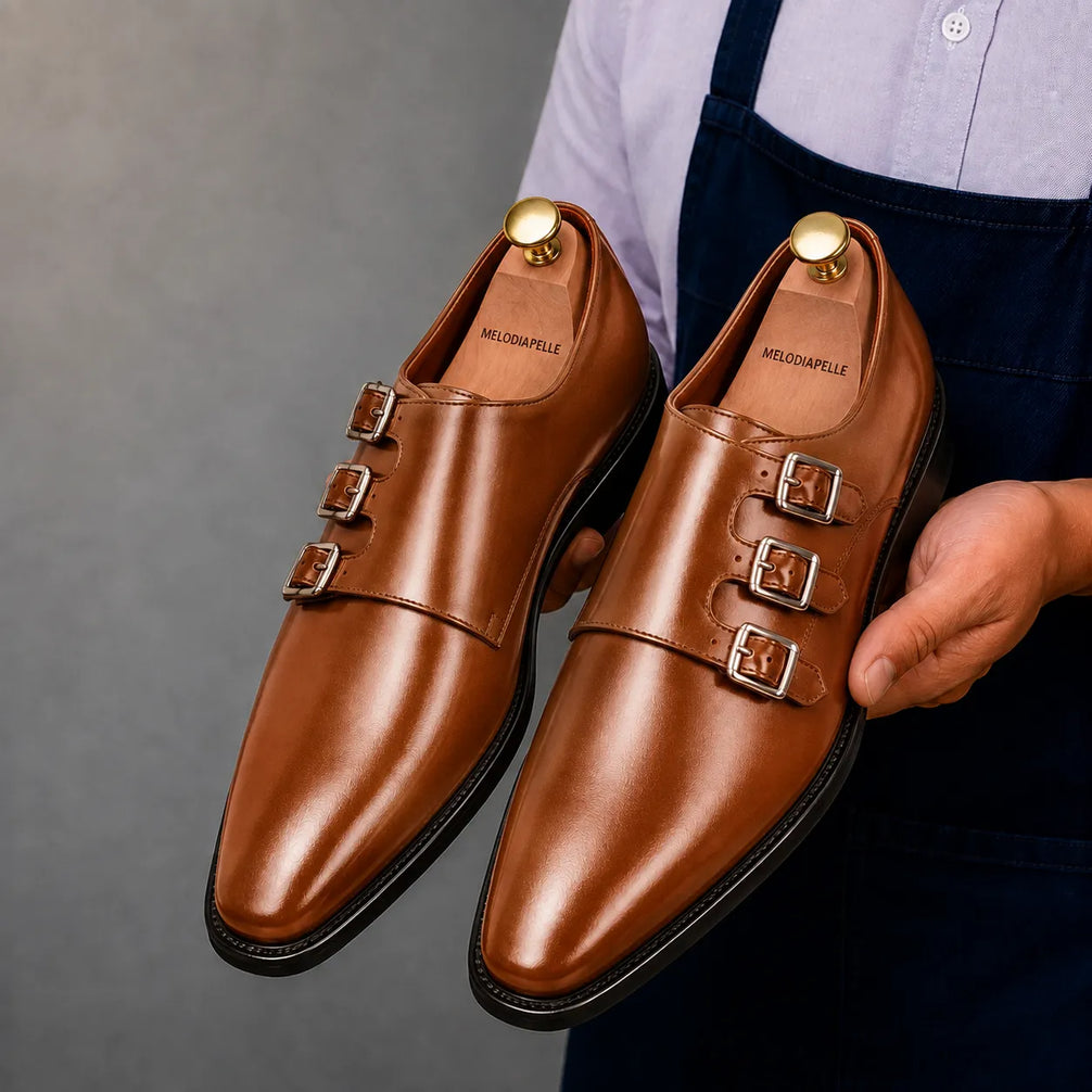 Man holding a pair of Melodiapelle Milan Triple Monk Strap Loafer shoes in tan leather, close-up