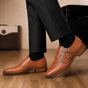 Melodiapelle Milan Triple Monk Strap Loafer in tan leather worn with formal trousers, on-feet shot