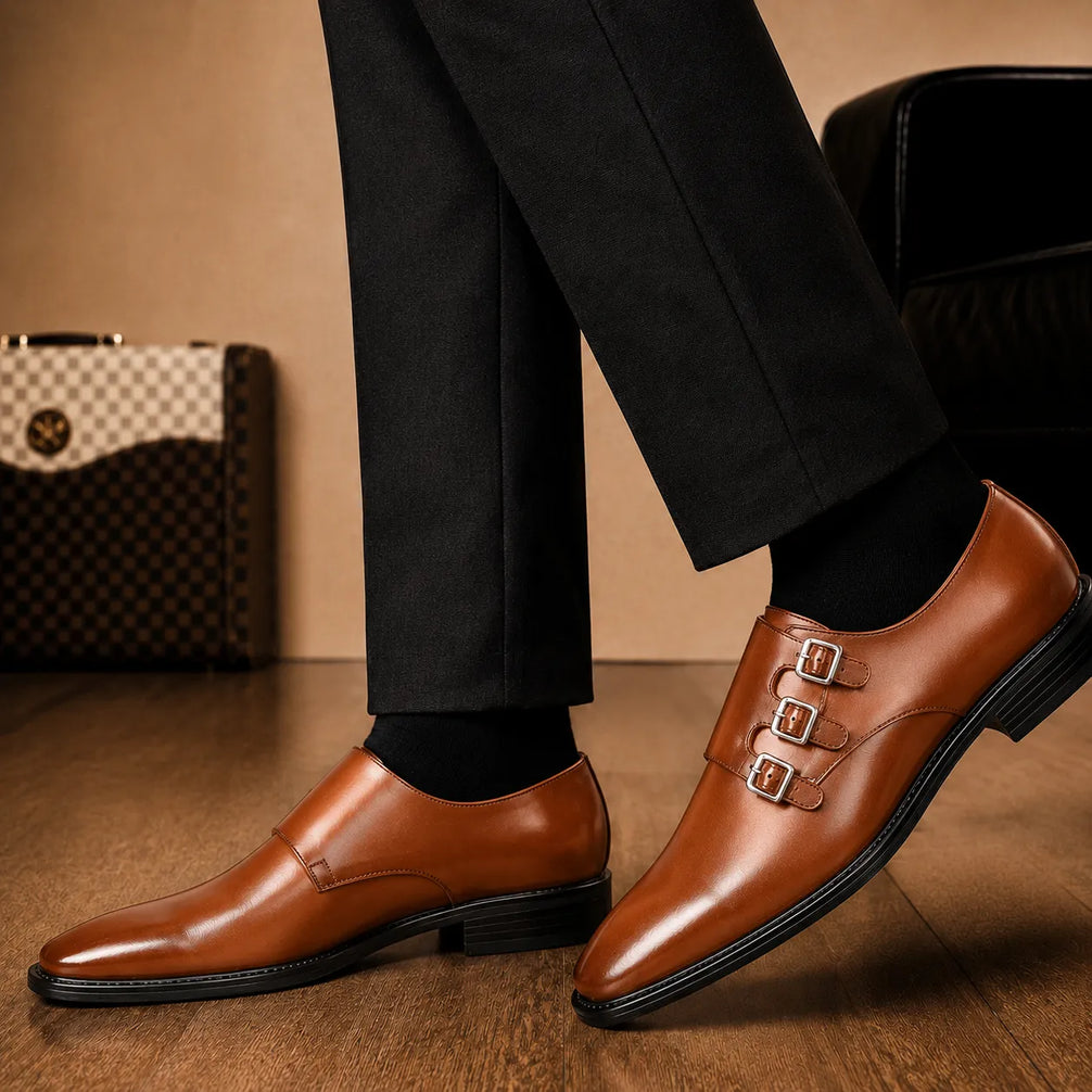 Melodiapelle Milan Triple Monk Strap Loafer in tan leather worn with formal trousers, on-feet shot