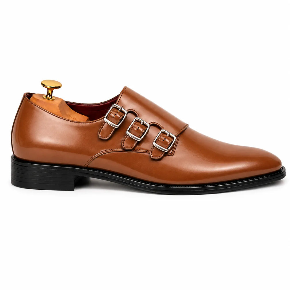 Side profile of the Milan Triple Monk Strap Loafer in tan leather on white background