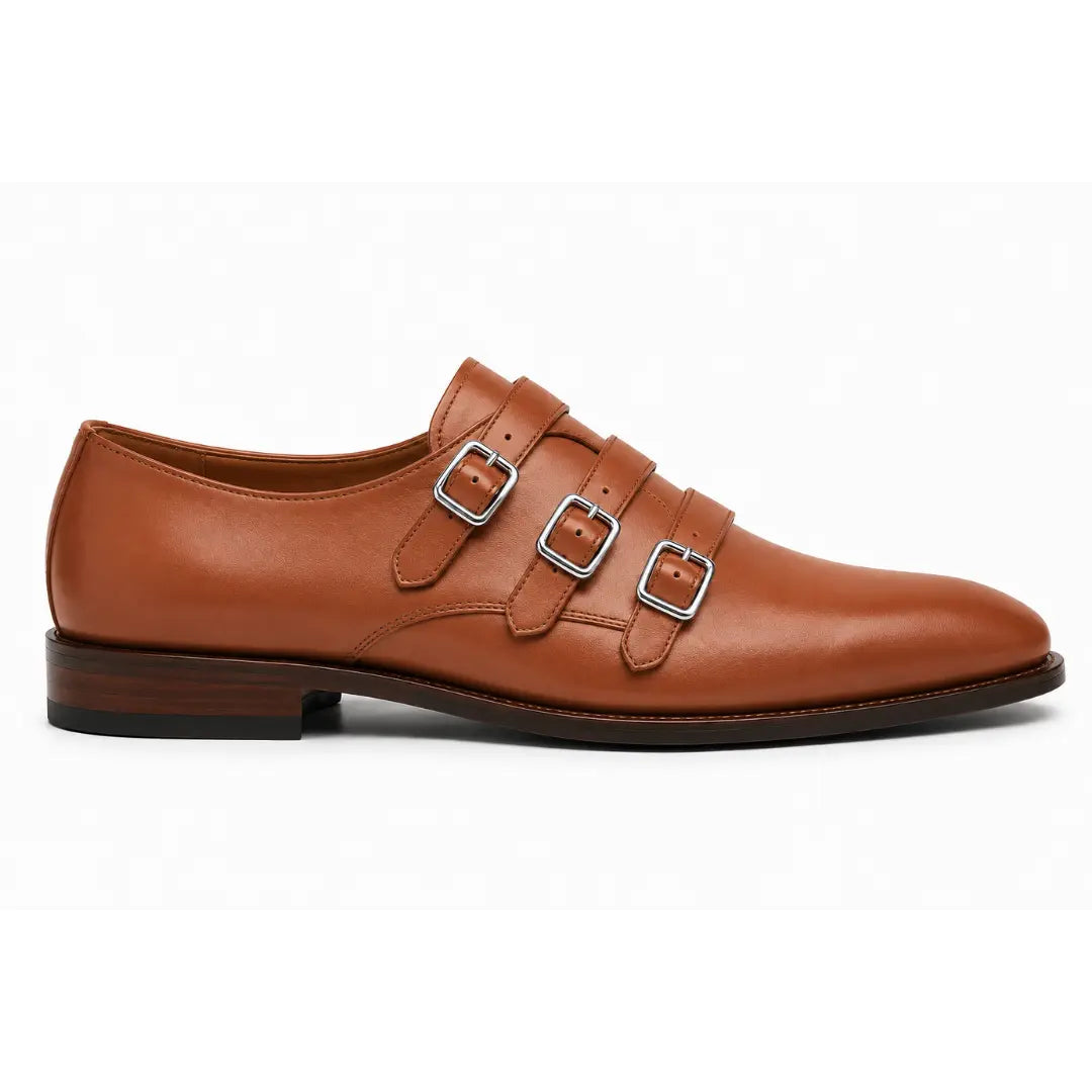 Side profile of the Milan Triple Monk Strap Loafer in tan leather on white background