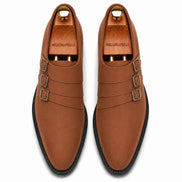Melodiapelle Milan Triple Monk Strap Loafer in tan leather, pair top-down view, handcrafted in Agra