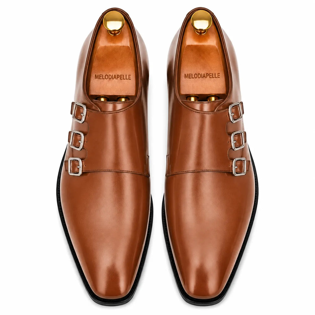 Melodiapelle Milan Triple Monk Strap Loafer in tan leather, pair top-down view, handcrafted in Agra