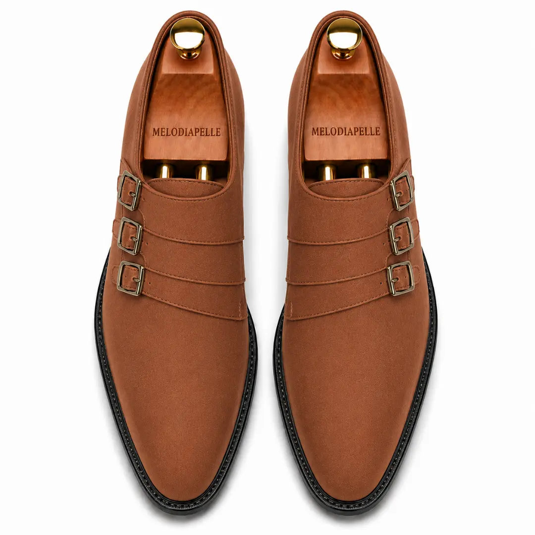 Melodiapelle Milan Triple Monk Strap Loafer in tan leather, pair top-down view, handcrafted in Agra