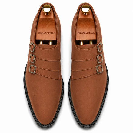 Melodiapelle Milan Triple Monk Strap Loafer in tan leather, pair top-down view, handcrafted in Agra