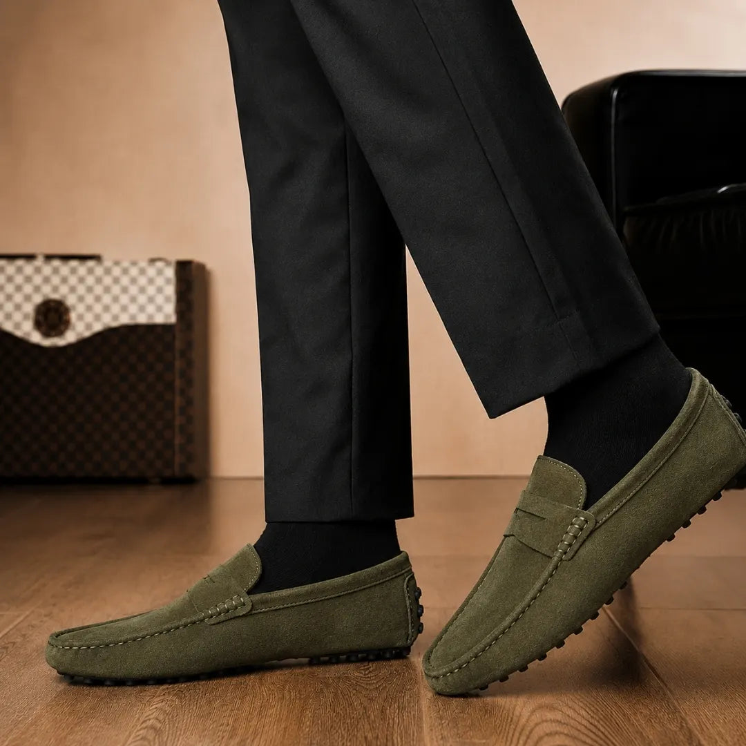 Melodiapelle Milford Loafer in olive green suede worn with trousers, on-feet shot