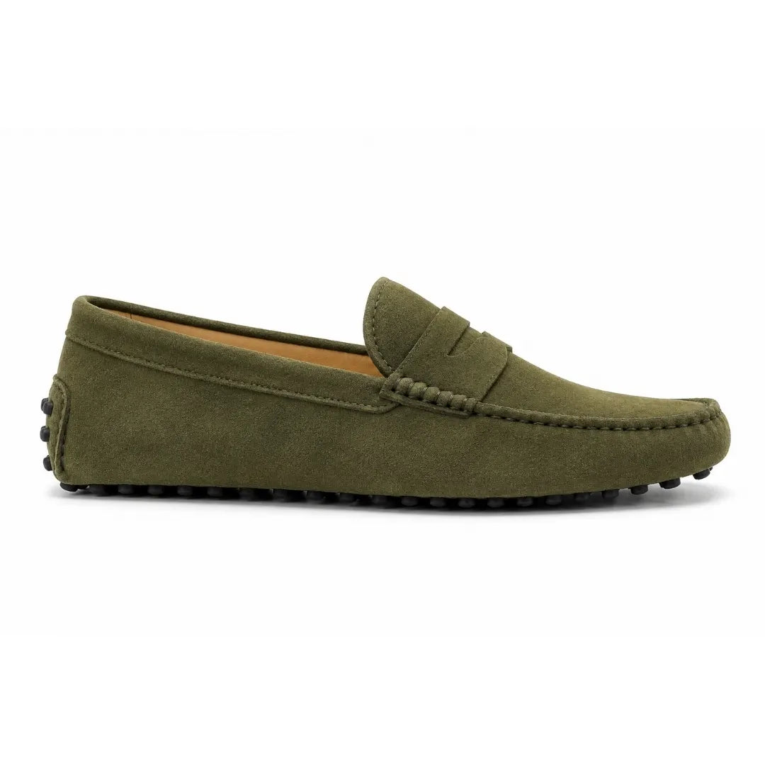 Side profile of the Milford Loafer in olive green suede on white background