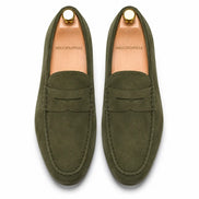Melodiapelle Milford Loafer in olive green suede, pair top-down view, handcrafted in Agra