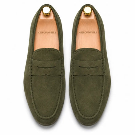 Melodiapelle Milford Loafer in olive green suede, pair top-down view, handcrafted in Agra