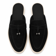 Melodiapelle Millo Mule in black suede, pair top-down view, handcrafted in Agra
