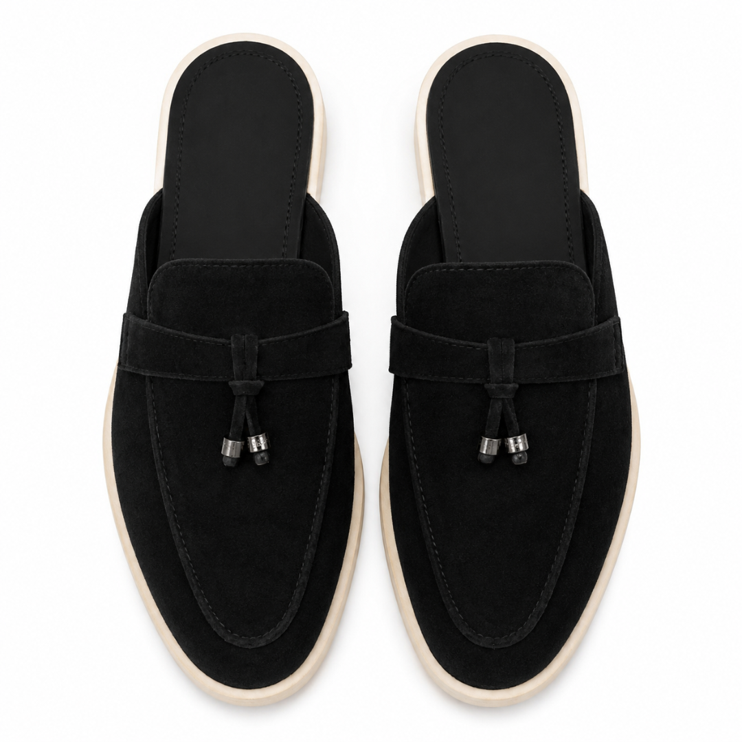 Melodiapelle Millo Mule in black suede, pair top-down view, handcrafted in Agra