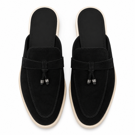 Melodiapelle Millo Mule in black suede, pair top-down view, handcrafted in Agra