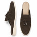 Dark brown suede apron-toe tassel mule, three-quarter angle showing tassel and sole detailing