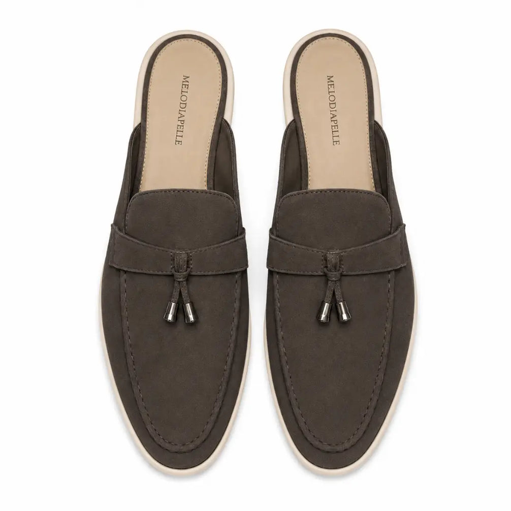 Melodiapelle Millo Mule in dark brown suede, pair top-down view, handcrafted in Agra