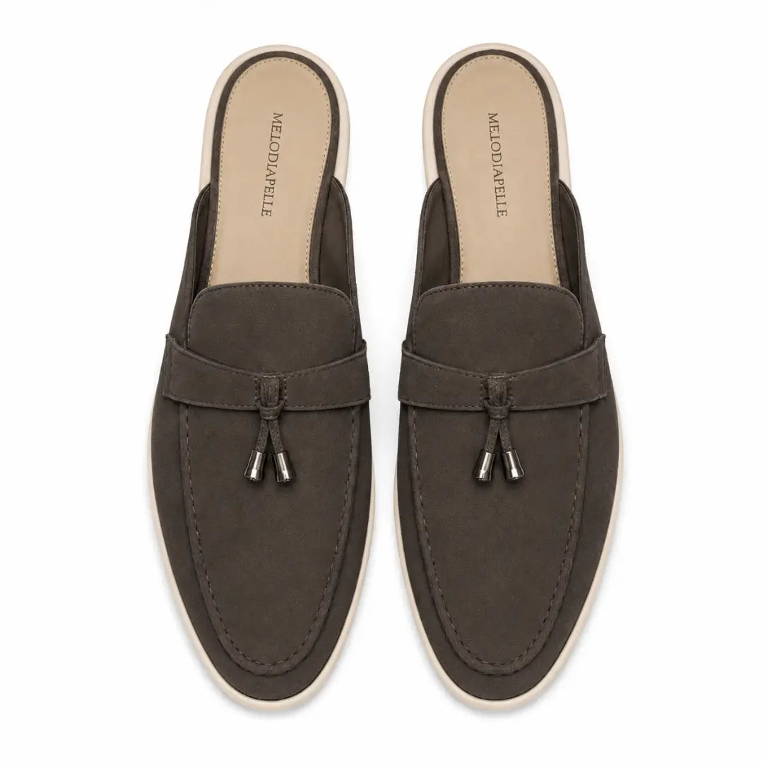 Melodiapelle Millo Mule in dark brown suede, pair top-down view, handcrafted in Agra