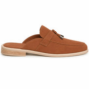 Side profile of the Millo Mule in rust tan suede on white background