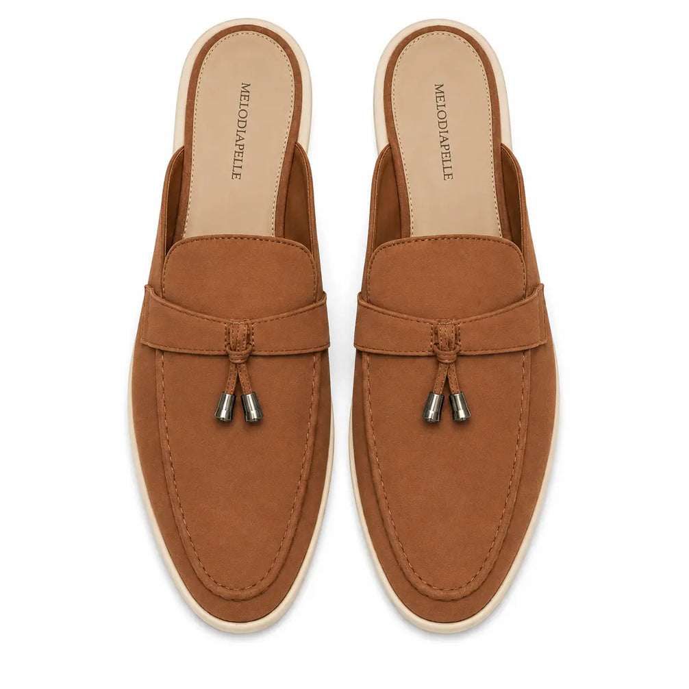 Melodiapelle Millo Mule in rust tan suede, pair top-down view, handcrafted in Agra