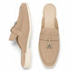 Sand beige suede apron-toe tassel mule, three-quarter angle showing tassel and sole detailing