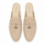 Melodiapelle Millo Mule in sand beige suede, pair top-down view, handcrafted in Agra