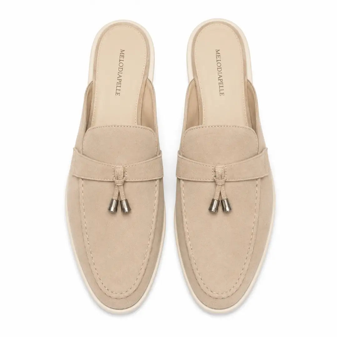 Melodiapelle Millo Mule in sand beige suede, pair top-down view, handcrafted in Agra