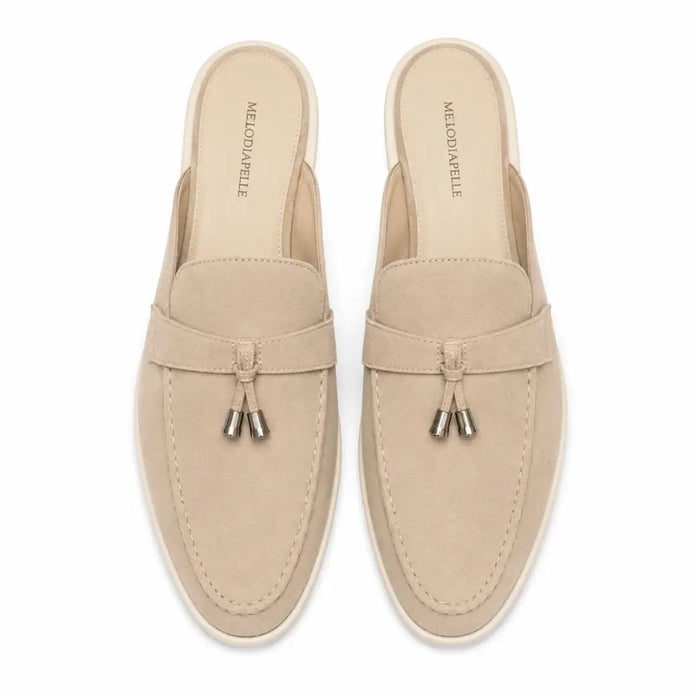 Melodiapelle Millo Mule in sand beige suede, pair top-down view, handcrafted in Agra