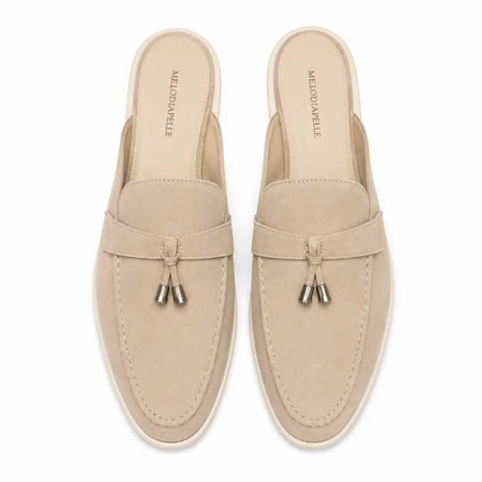 Melodiapelle Millo Mule in sand beige suede, pair top-down view, handcrafted in Agra