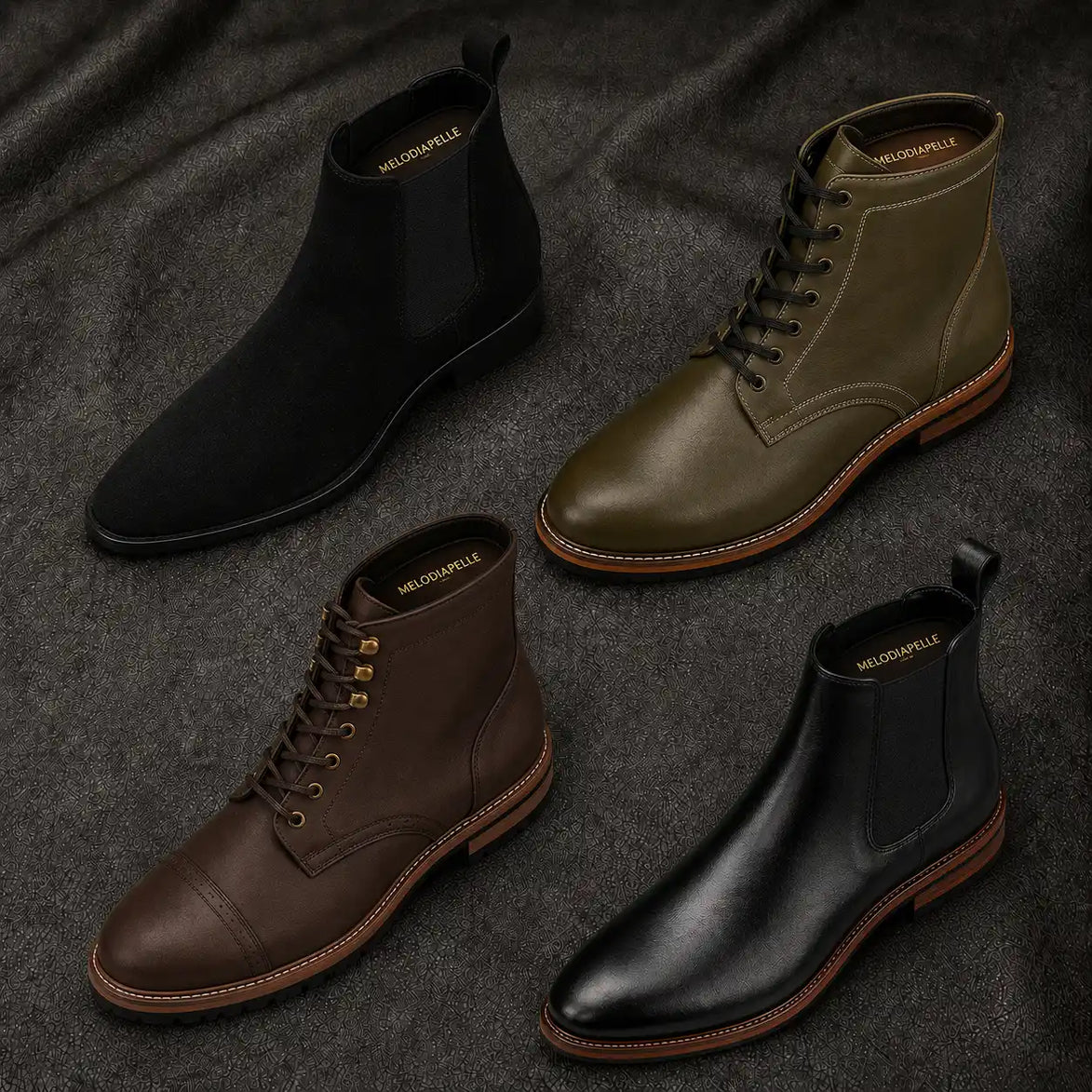 Melodiapelle Mirage Chelsea Boot collection in black, brown and tan leather, handcrafted Chelsea boots displayed together