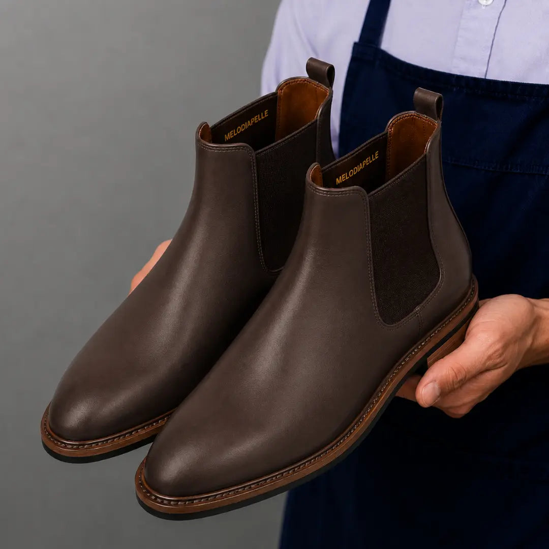 Man holding a pair of Melodiapelle Mirage Chelsea Boots in brown leather, close-up