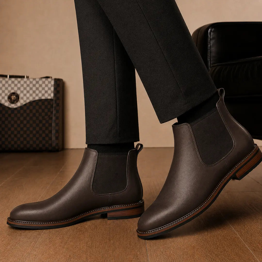 Melodiapelle Mirage Chelsea Boot in brown leather worn with formal trousers, on-feet shot