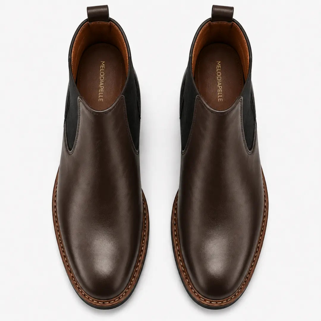 Melodiapelle Mirage Chelsea Boot in brown leather, pair top-down view, handcrafted in Agra