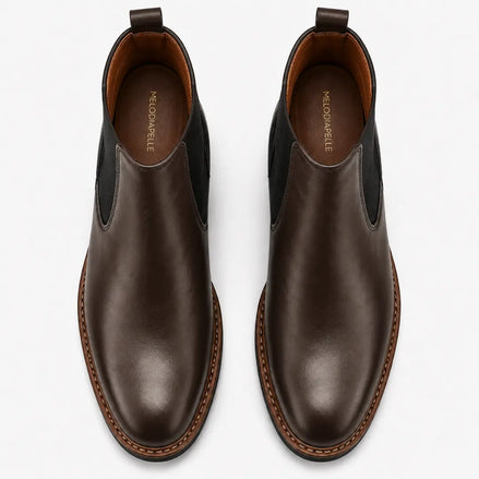 Melodiapelle Mirage Chelsea Boot in brown leather, pair top-down view, handcrafted in Agra