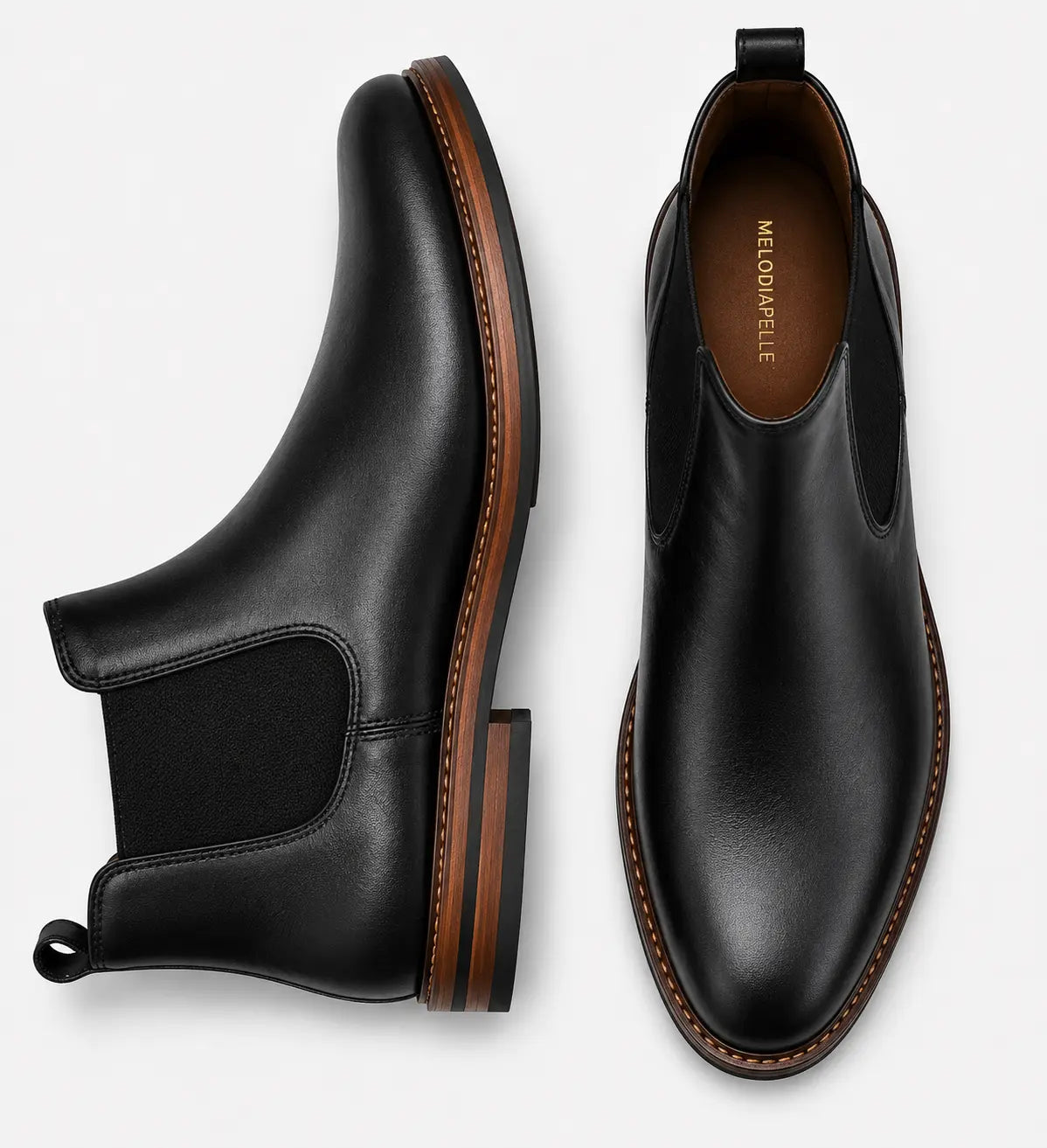 Nero black leather Chelsea boot, three-quarter angle showing heel and elastic side panel