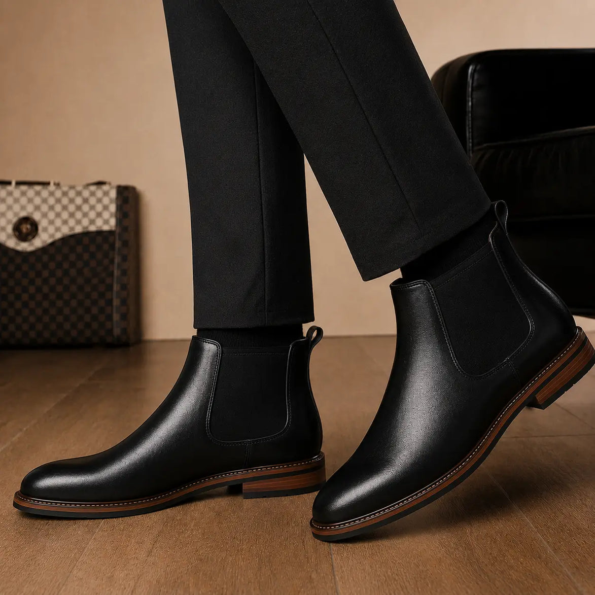 Melodiapelle Mirage Chelsea Boot in nero black leather worn with formal trousers, on-feet shot