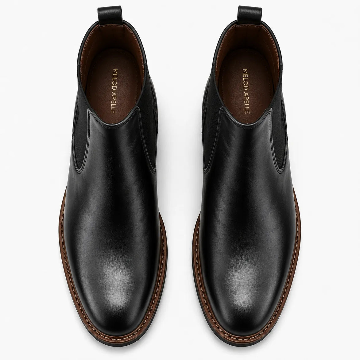 Melodiapelle Mirage Chelsea Boot in nero black leather, pair top-down view, handcrafted in Agra