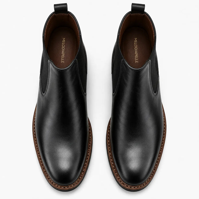 Melodiapelle Mirage Chelsea Boot in nero black leather, pair top-down view, handcrafted in Agra