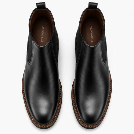 Melodiapelle Mirage Chelsea Boot in nero black leather, pair top-down view, handcrafted in Agra