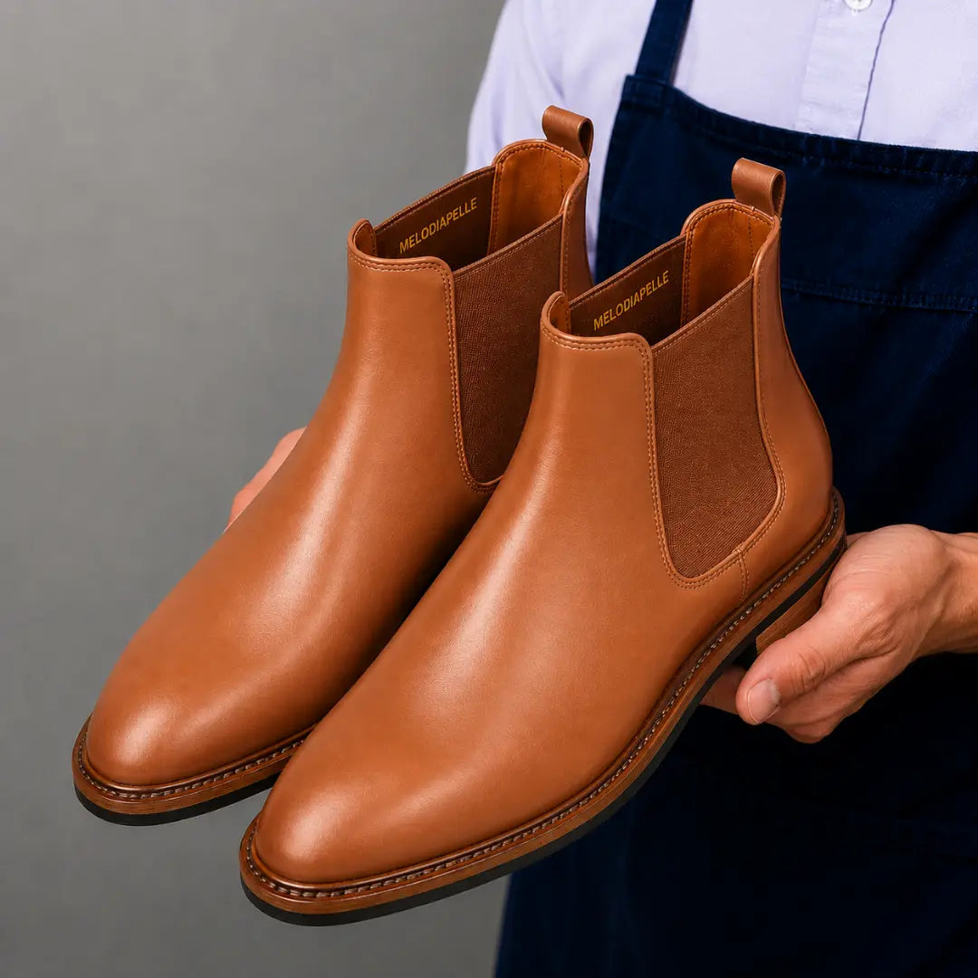 Man holding a pair of Melodiapelle Mirage Chelsea Boots in tan leather, close-up