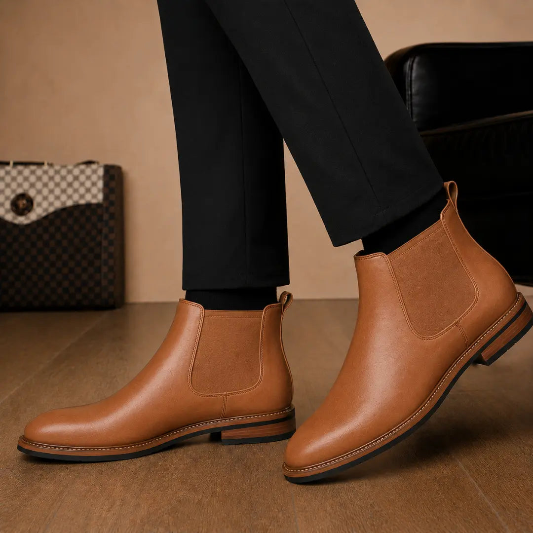 Melodiapelle Mirage Chelsea Boot in tan leather worn with formal trousers, on-feet shot