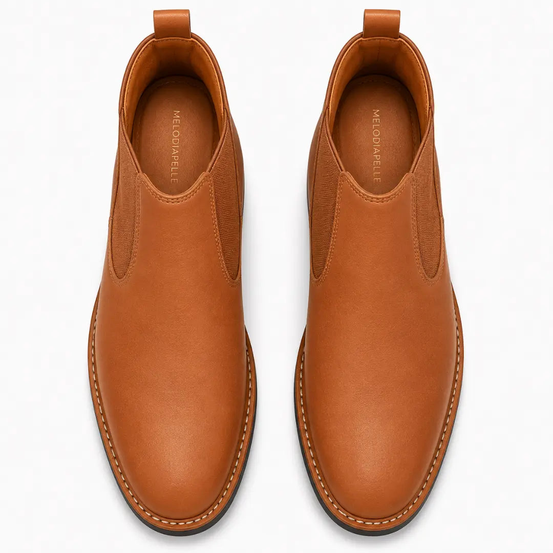 Melodiapelle Mirage Chelsea Boot in tan leather, pair top-down view, handcrafted in Agra