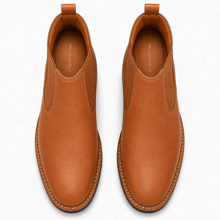 Melodiapelle Mirage Chelsea Boot in tan leather, pair top-down view, handcrafted in Agra