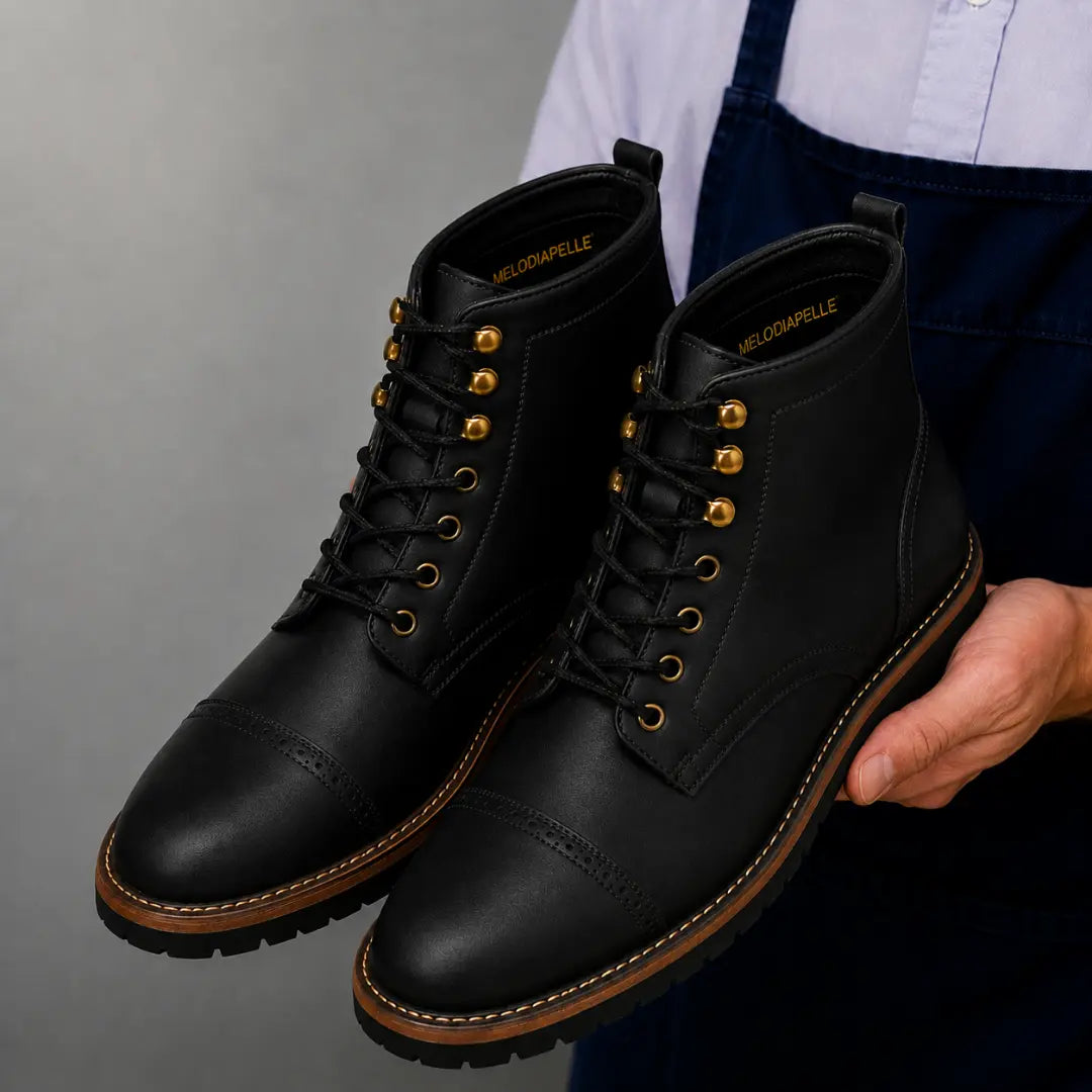 Man holding a pair of Melodiapelle Miranda Cap Toe Heritage Boots in black leather, close-up